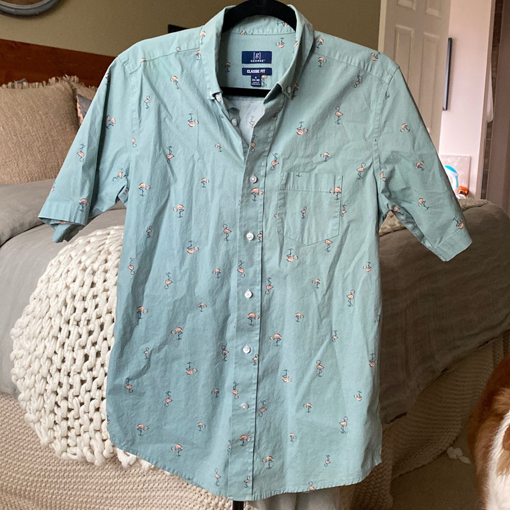 George MENS Green Flamingo 🦩 Short sleeve shirt - Picture 2 of 7